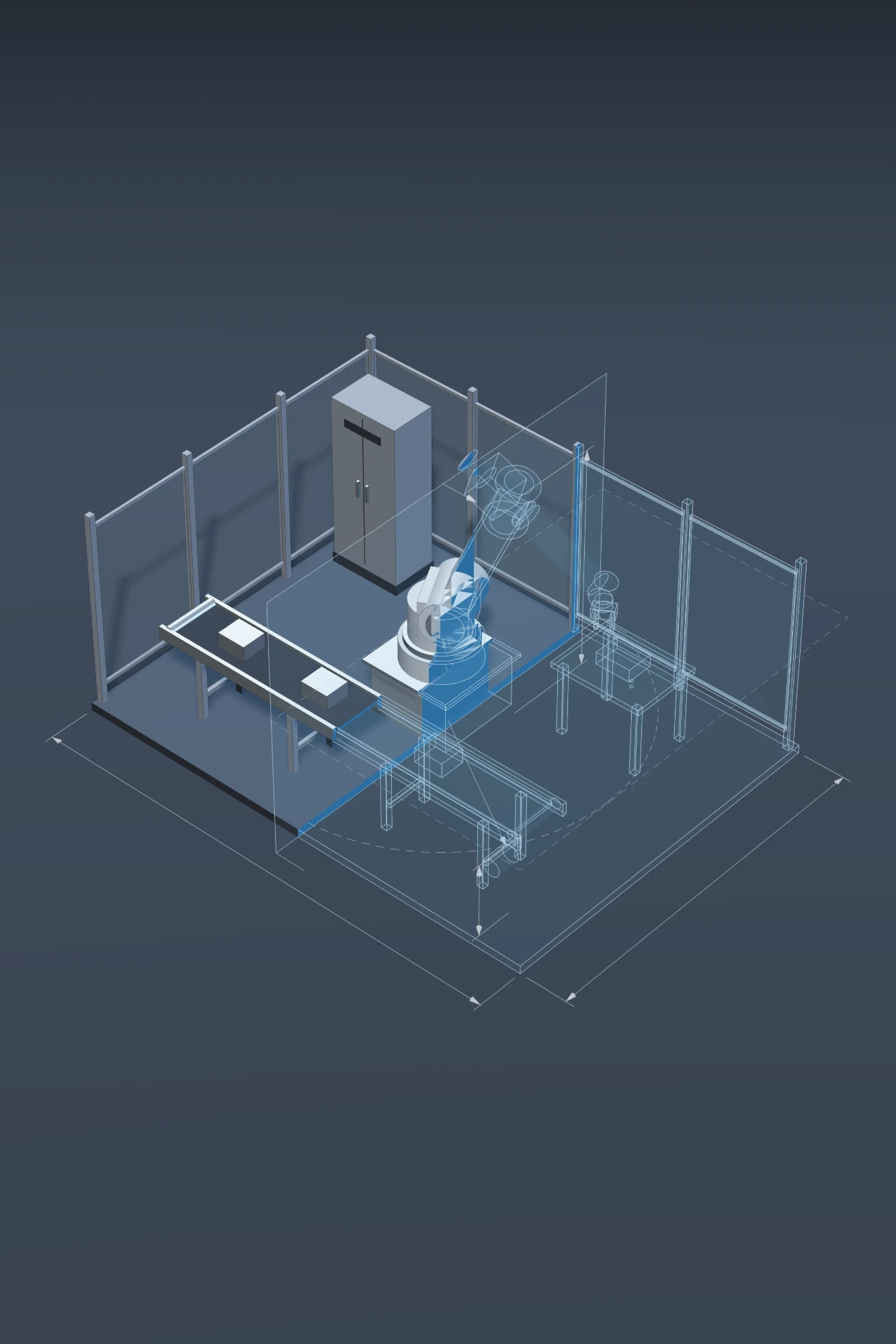 Isometric wireframe design of a robot automation cell with conveyor, guarding and control cabinet