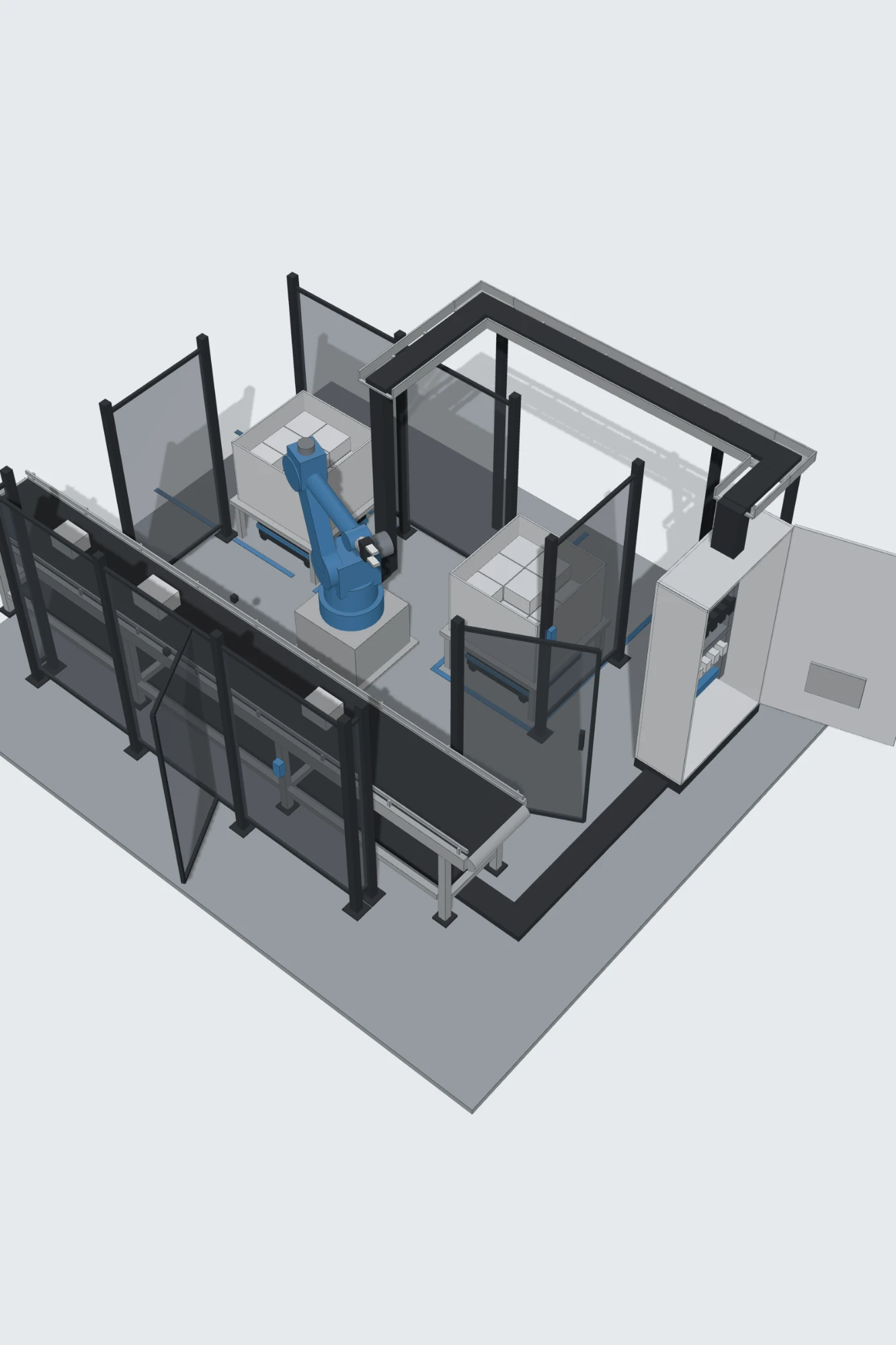 Rendered integrated robot cell with guarding, conveyors and control panel