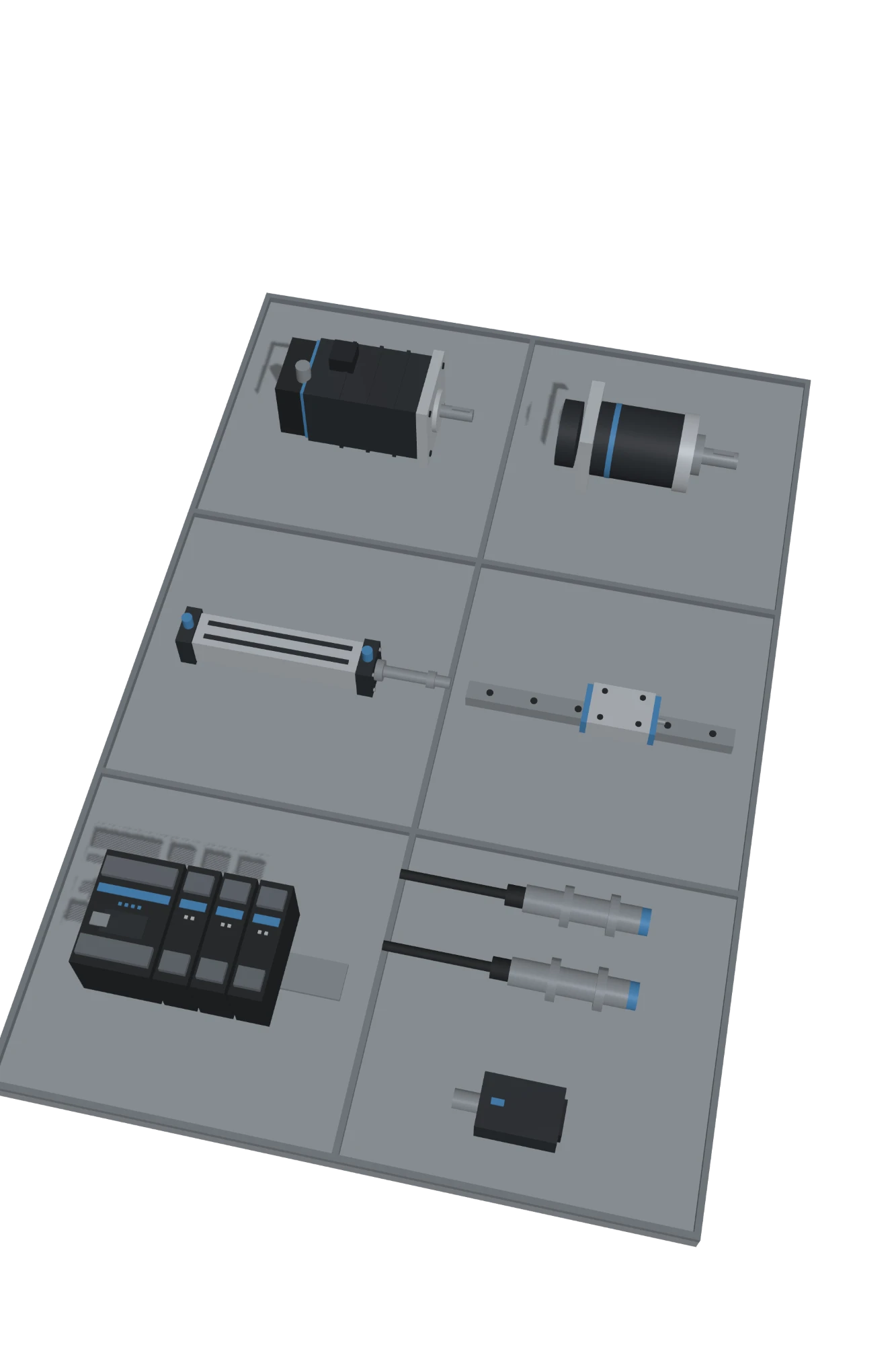 Rendered set of automation components: servo motor, gearmotor, pneumatic cylinder, linear guide, PLC and sensors