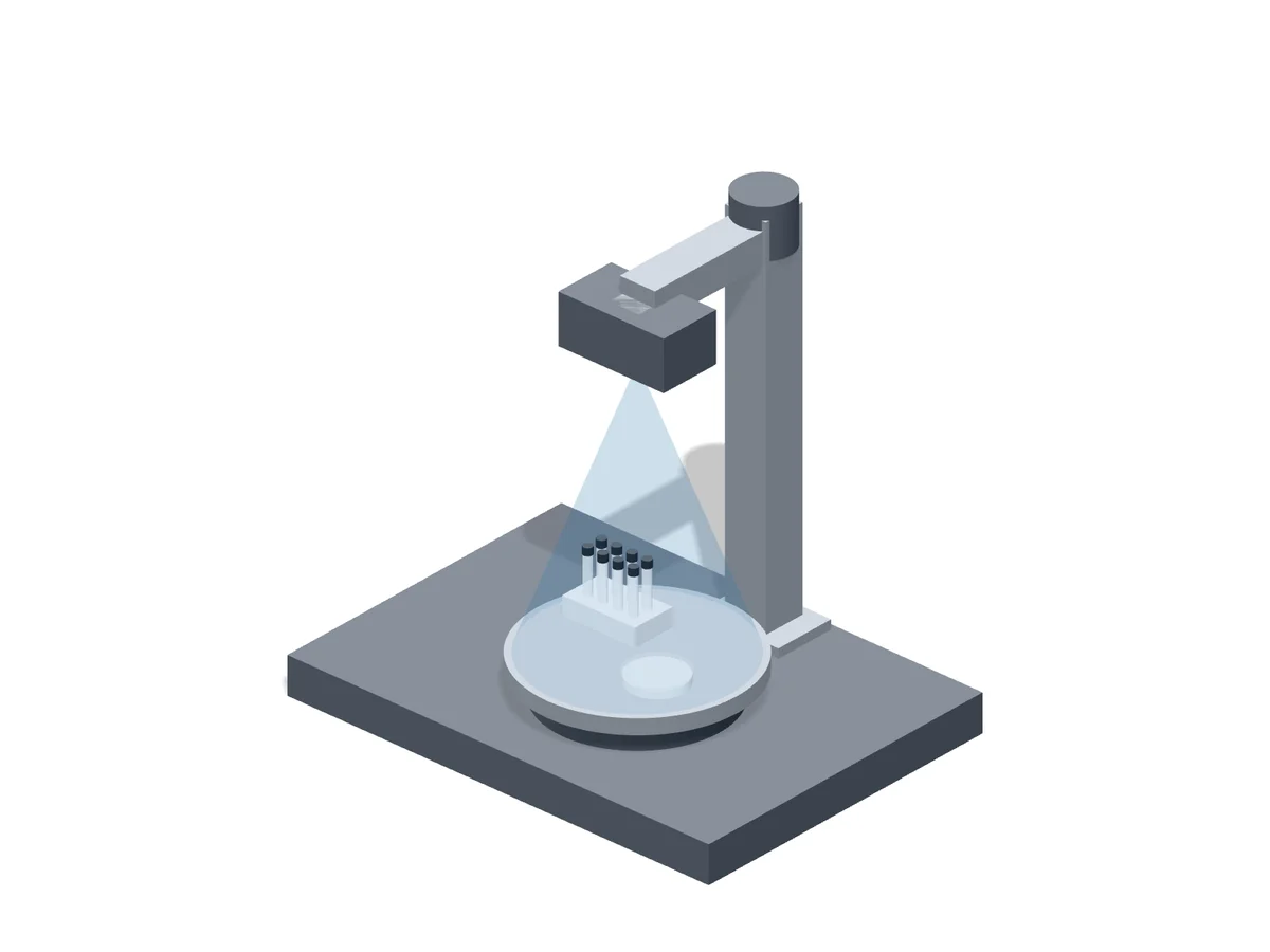 3D inspection station scanning parts on a turntable