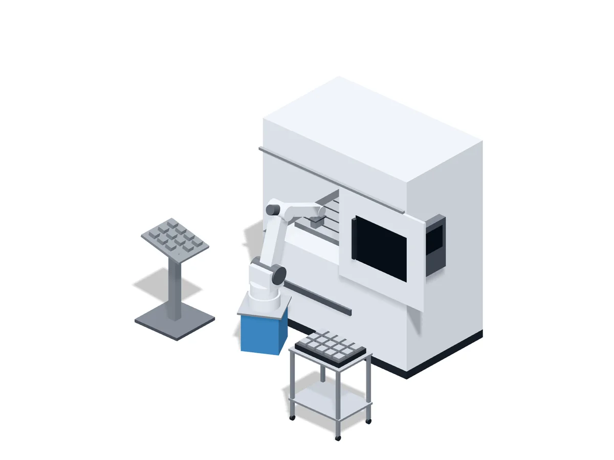 Collaborative robot tending a CNC machine with a part presenter and a tray cart