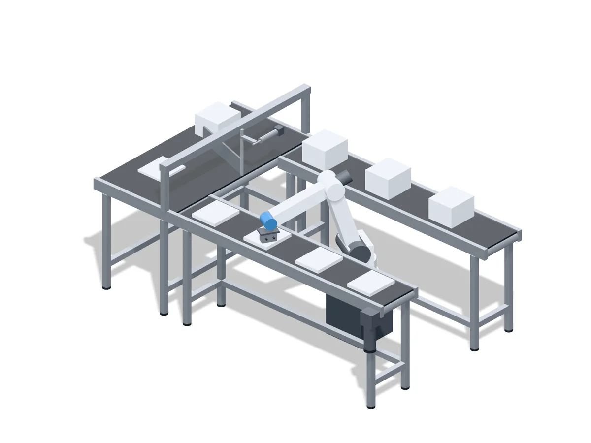 Robotic sleeve and box handling line with two conveyors and a robot pick station