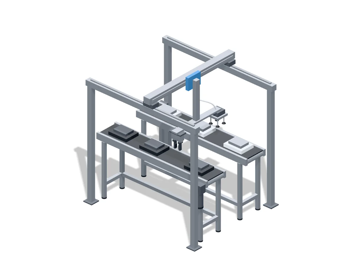 Two-axis gantry transfer system with dual grippers between two trays and conveyors