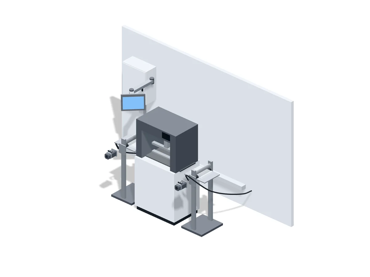 Servo pinch feeders on either side of a bag sealer with a control cabinet and touchscreen