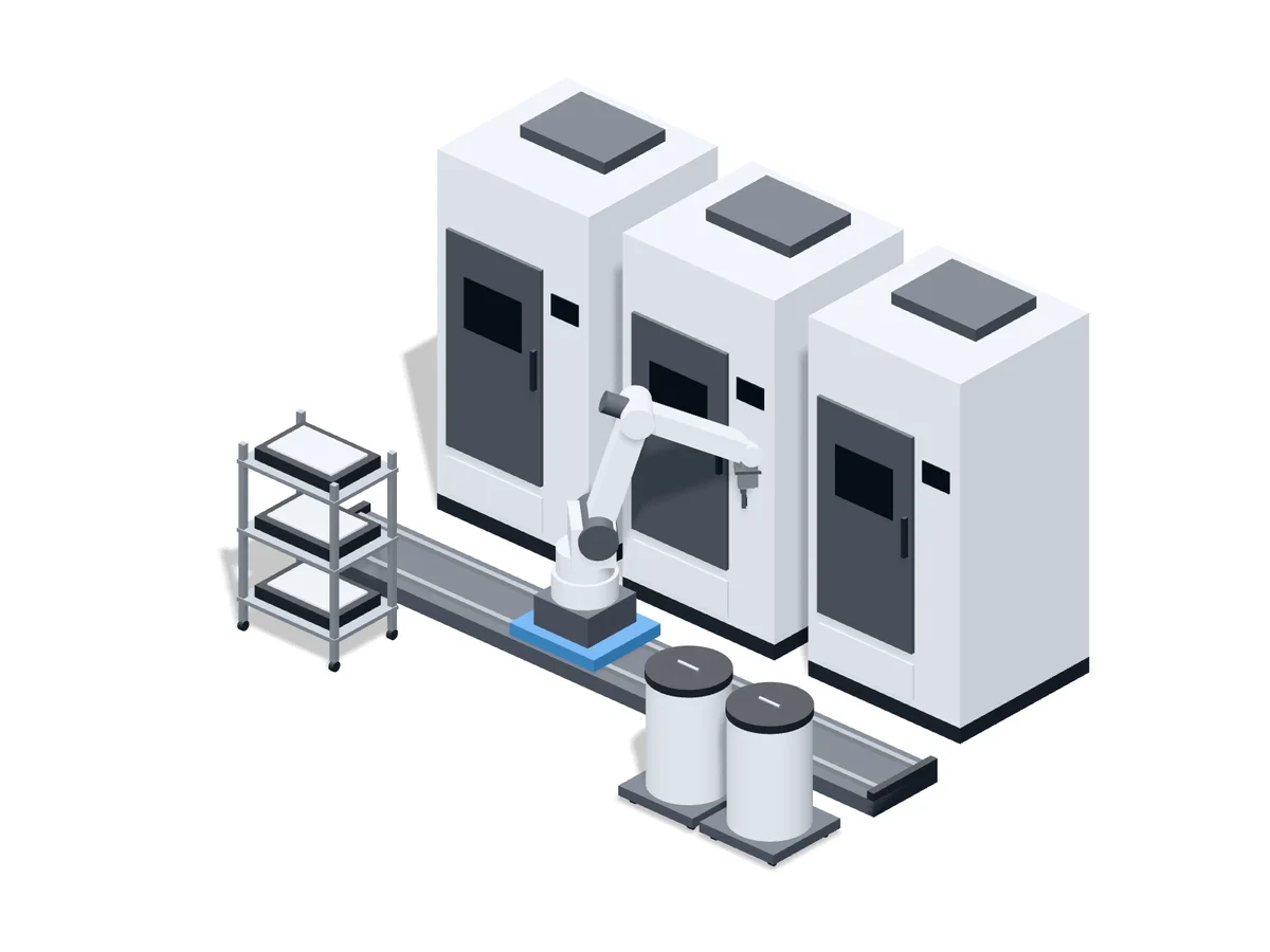 SLS print farm with robot loading three printers