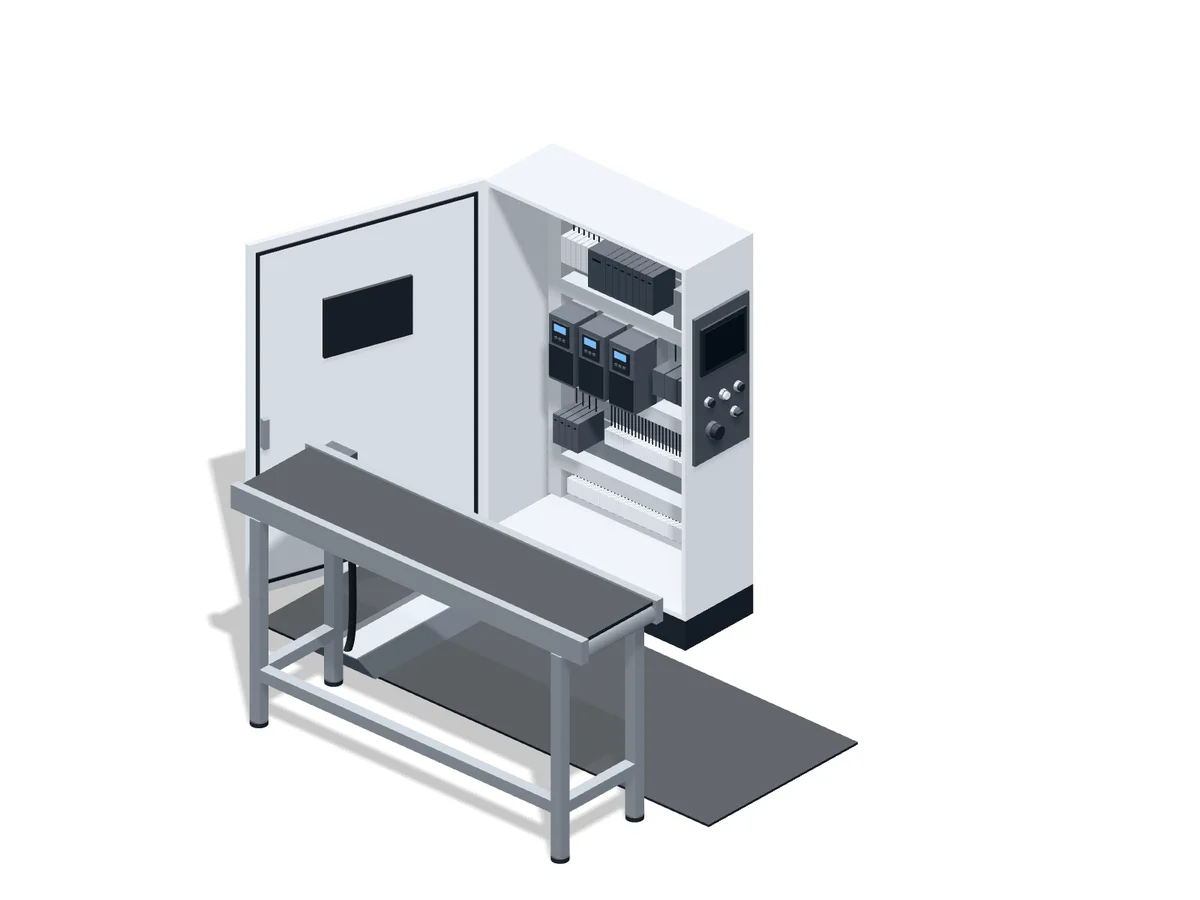VFD control enclosure beside a conveyor
