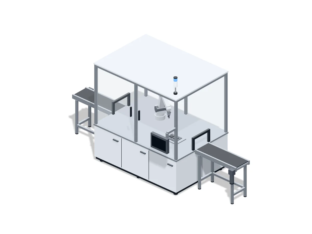 Complete enclosed production machine with infeed and outfeed conveyors