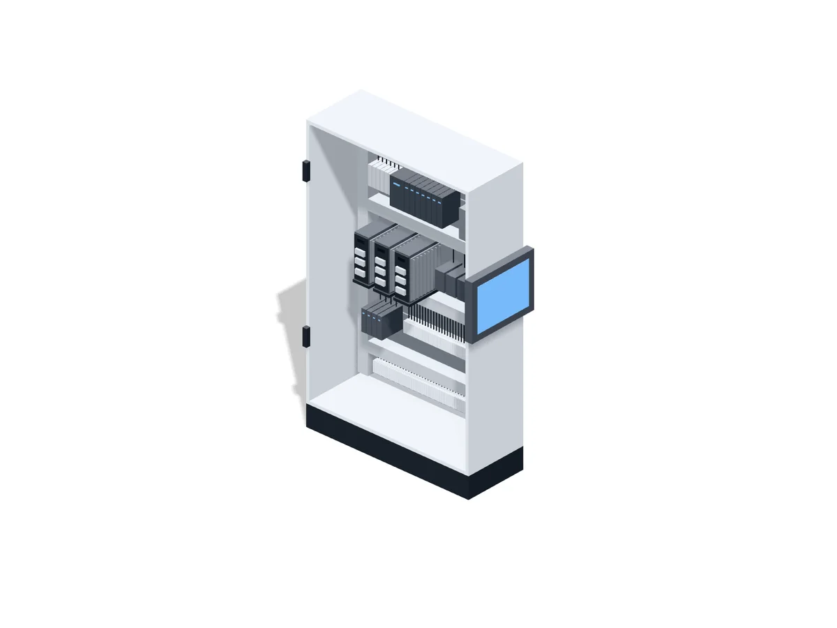 Open control panel with PLC, drives and touchscreen HMI