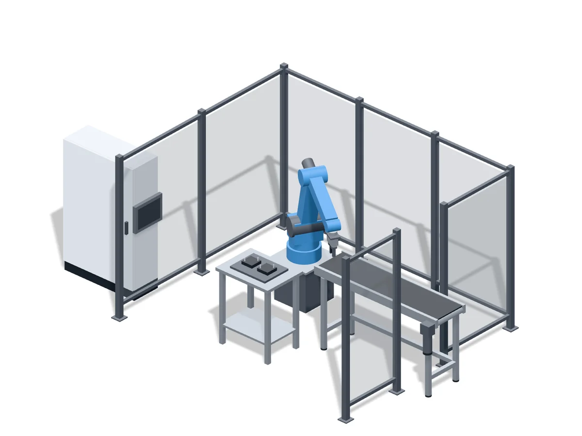 Integrated robot cell with guarding, conveyor and control cabinet